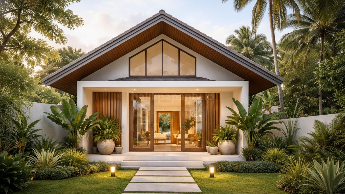 Rumah kecil modern dengan atap pelana tinggi, tampilan minimalis tropis yang adem dan lega.