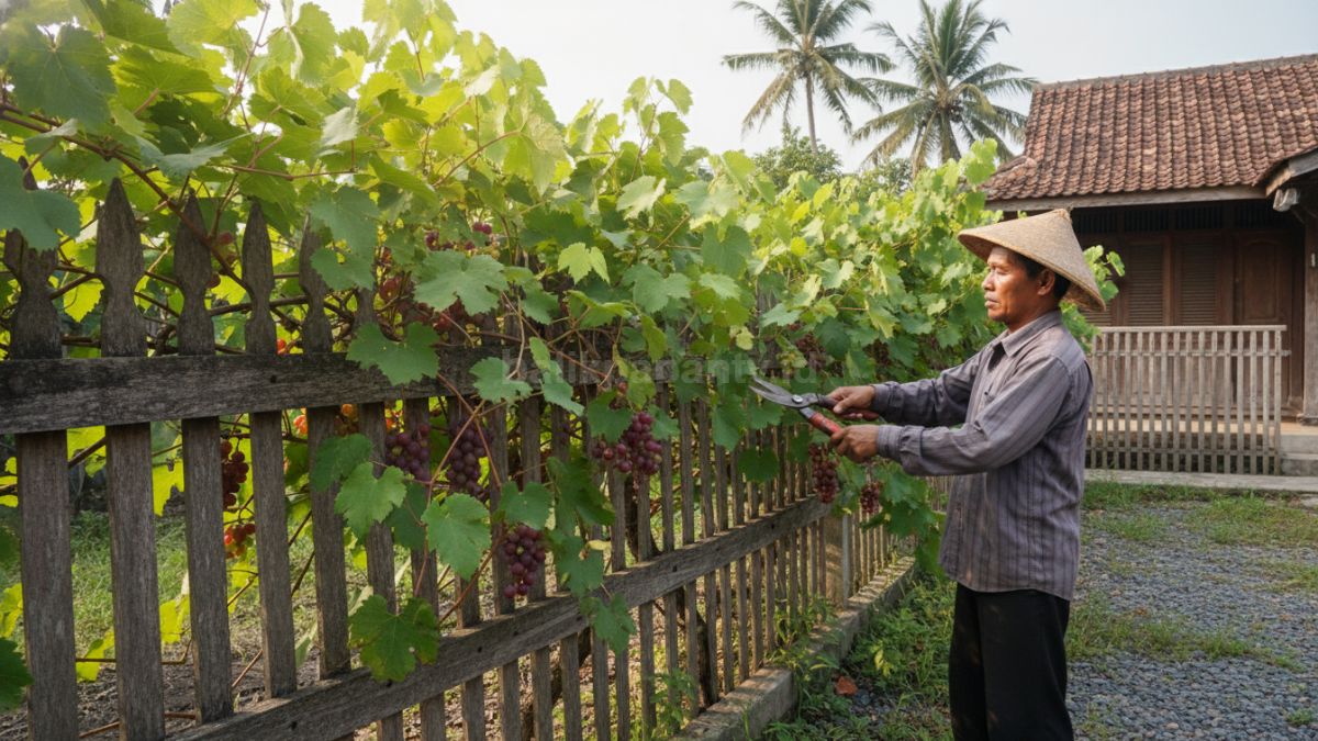Aktivitas memangkas daun dan cabang anggur menggunakan gunting kebun agar bentuk tanaman tetap rapi