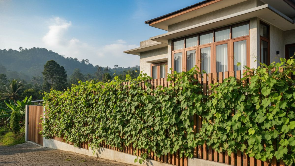 Pagar rumah minimalis dengan tanaman anggur merambat hijau dan rapi, terlihat menyatu dengan fasad rumah modern