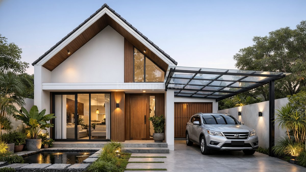 Rumah minimalis dengan atap pelana tinggi dan kanopi transparan.