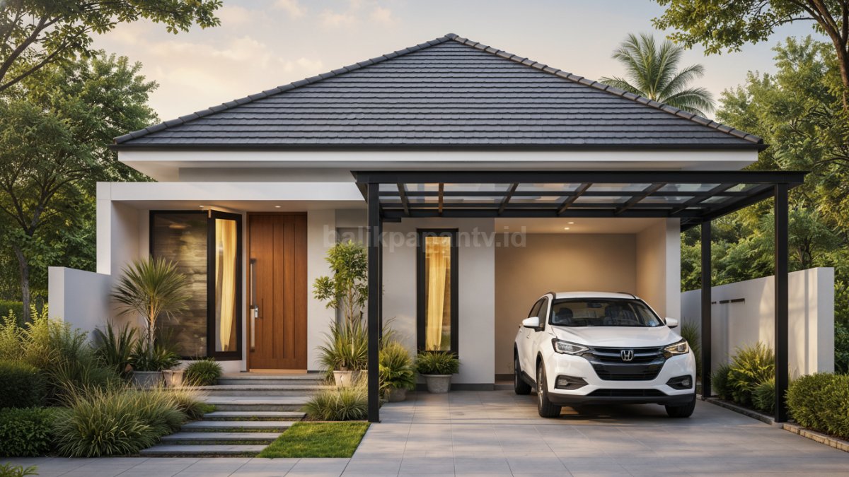 Rumah minimalis dengan atap pelana klasik dan kanopi baja ringan minimalis.