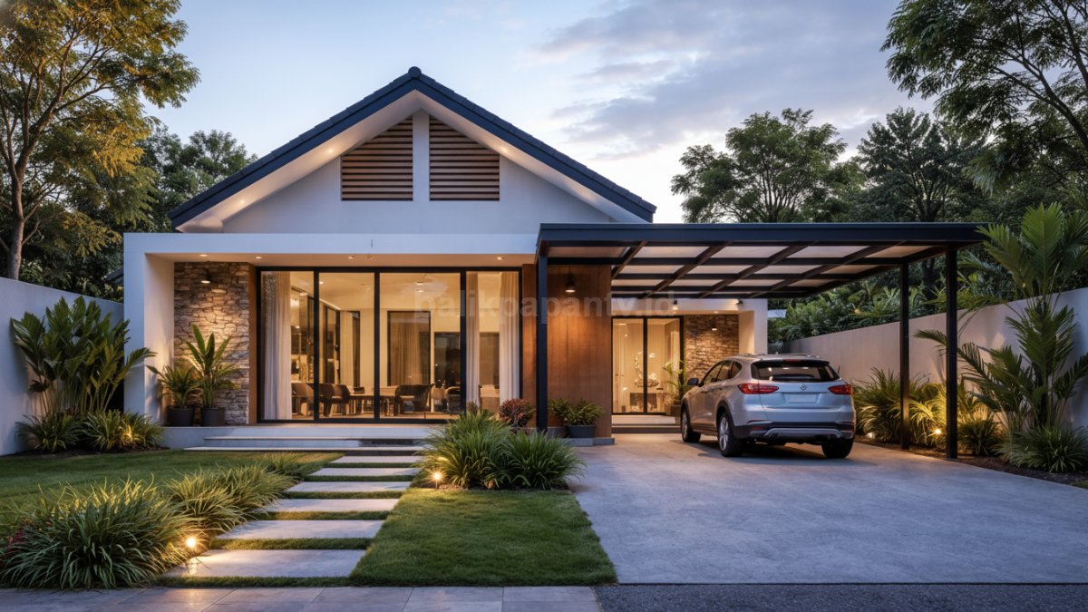 Rumah minimalis atap pelana terbuka dengan ventilasi silang dan kanopi datar modern.