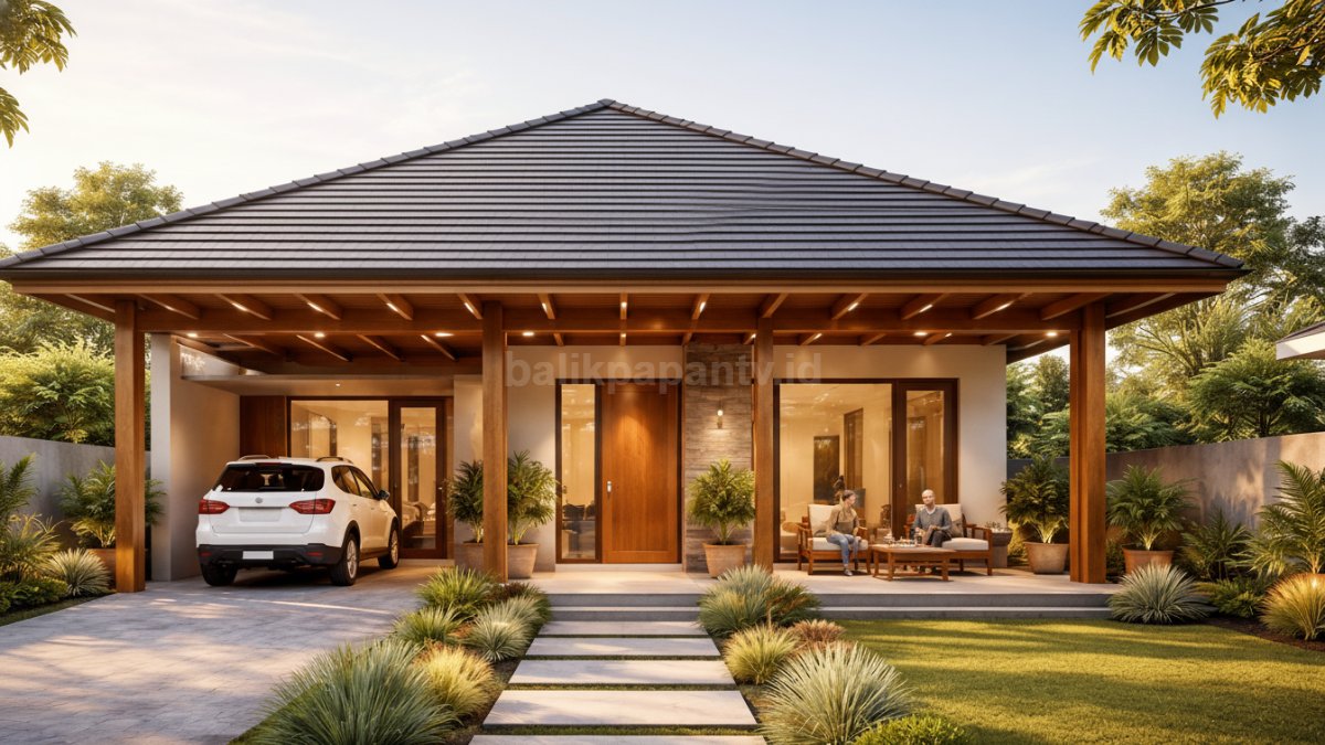 Rumah minimalis dengan atap pelana simetris dan kanopi kayu.