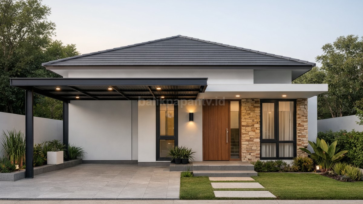 Rumah minimalis dengan kombinasi atap pelana rendah dan kanopi lebar.