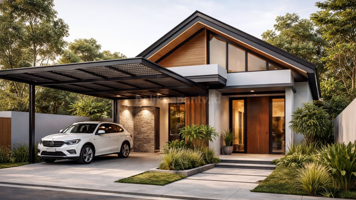Rumah minimalis dengan atap pelana industrial dan kanopi metal bertekstur.
