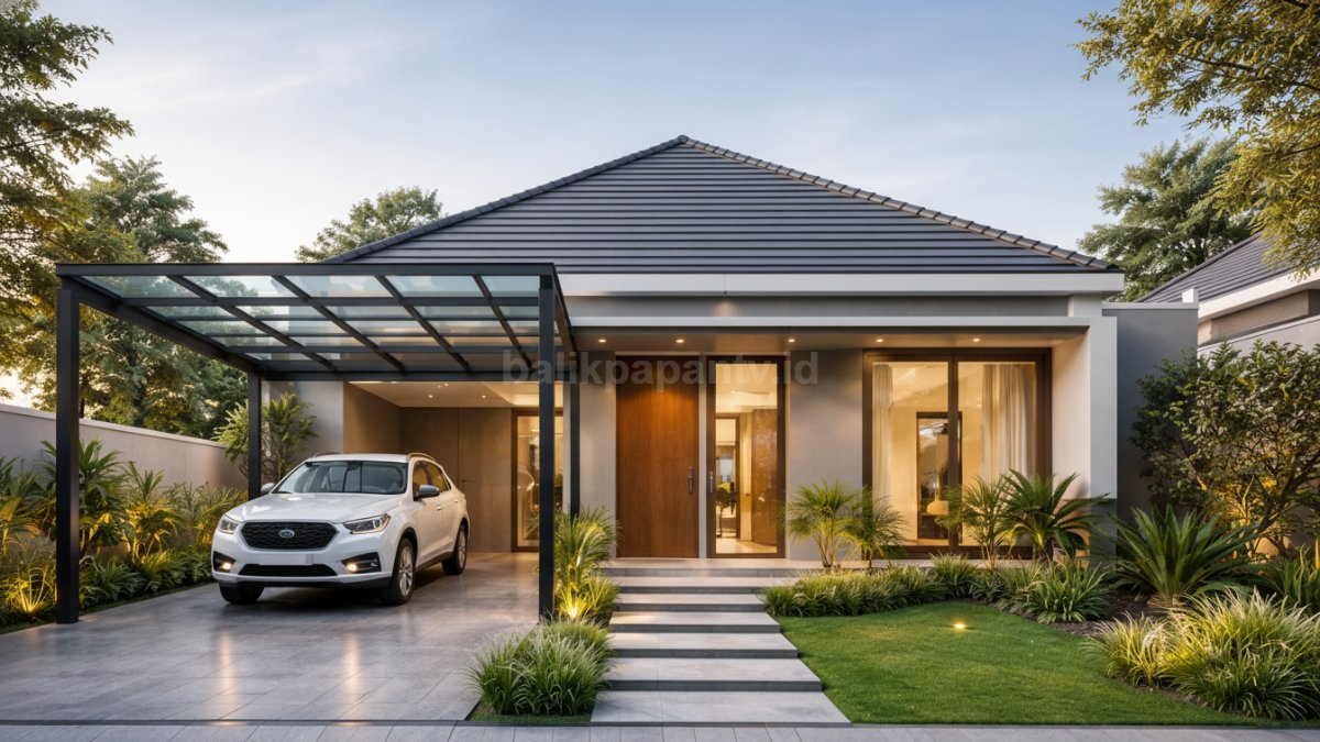 Rumah minimalis dengan atap pelana modern dan kanopi kaca tempered.