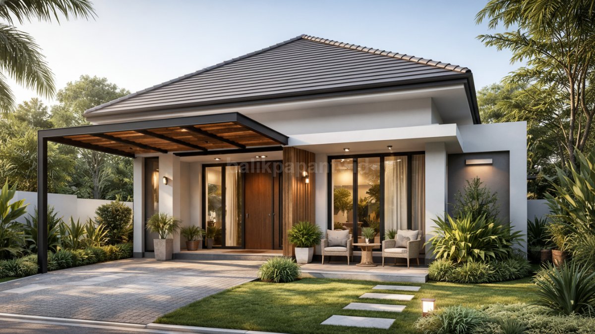 Rumah minimalis modern dengan atap pelana dan kanopi elegan di area teras, tampak sejuk dan fungsional.