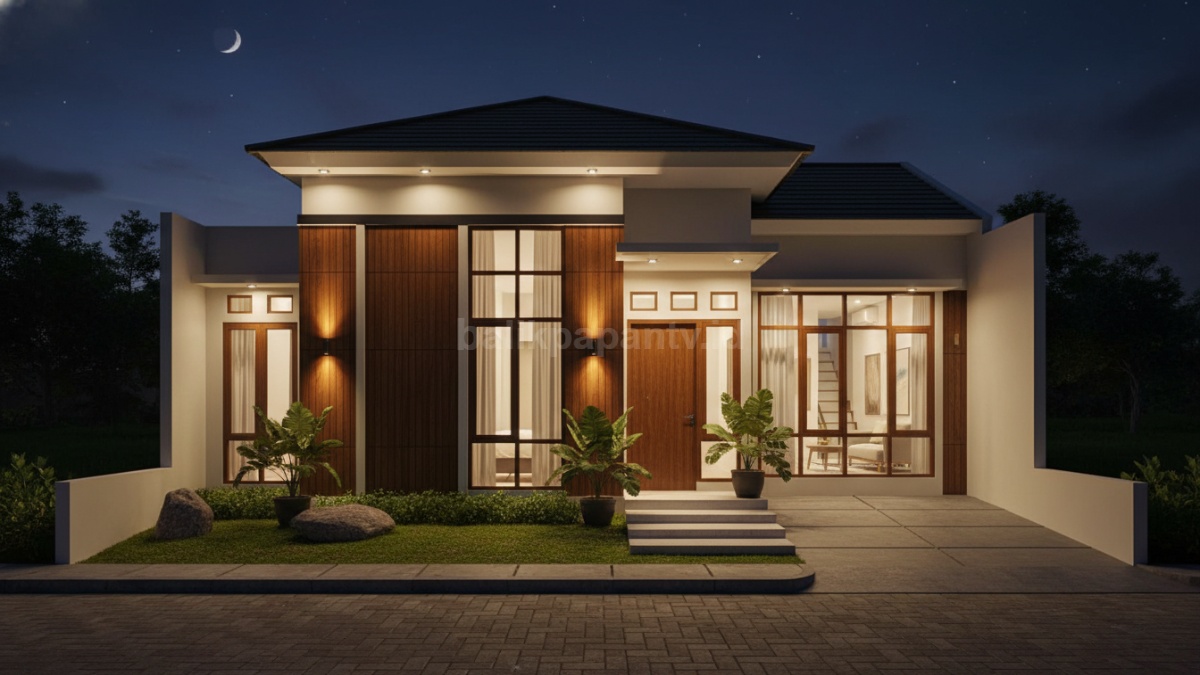 Rumah minimalis tanpa pagar dengan pencahayaan luar terang di malam hari, tampak aman dan tetap estetik