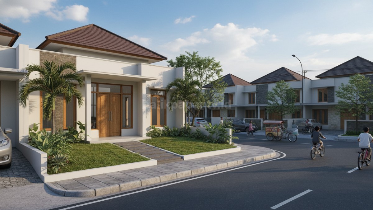 Area depan rumah terbuka dengan visibilitas jelas, lingkungan sekitar terlihat aktif dan mudah dipantau