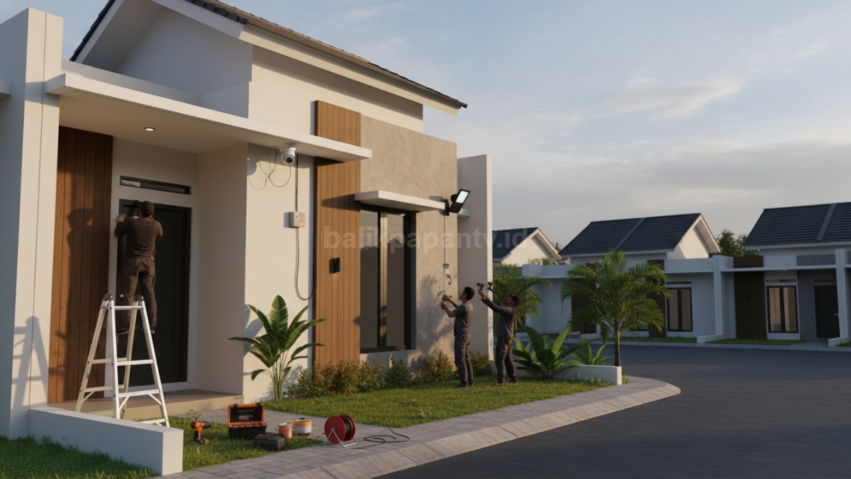 Proses pemasangan CCTV dan lampu outdoor di sudut rumah untuk meningkatkan pengawasan