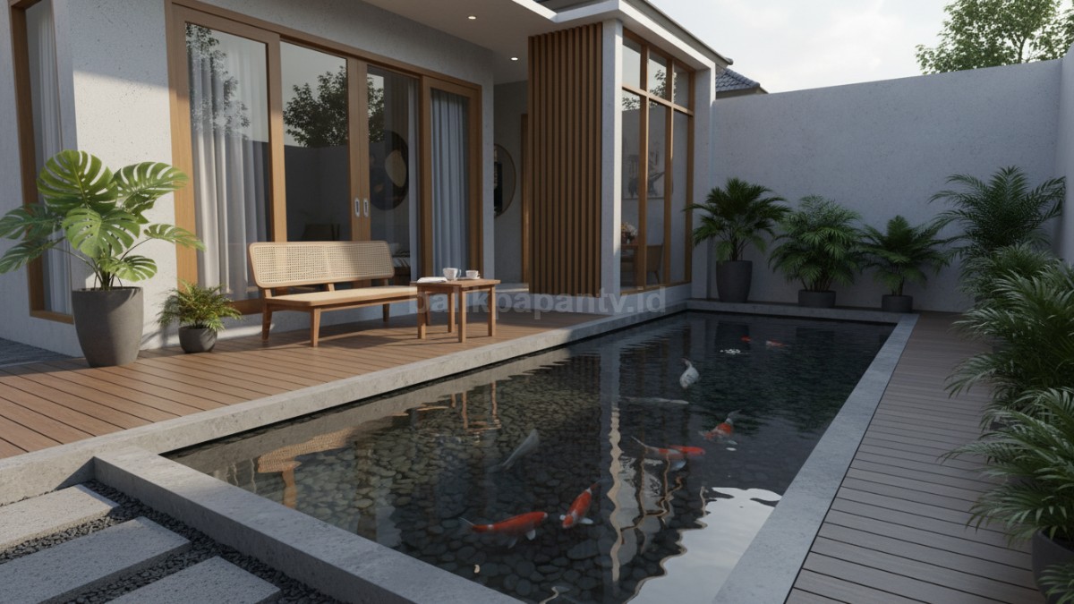 Kolam ikan minimalis di depan rumah kecil dengan desain modern, air jernih, dan tampilan estetik menyatu dengan teras