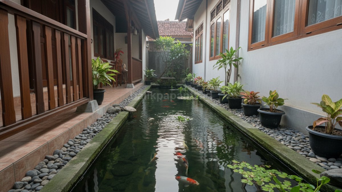 Kolam ikan memanjang di sisi teras rumah sempit dengan penataan rapi dan tambahan batu alam sederhana