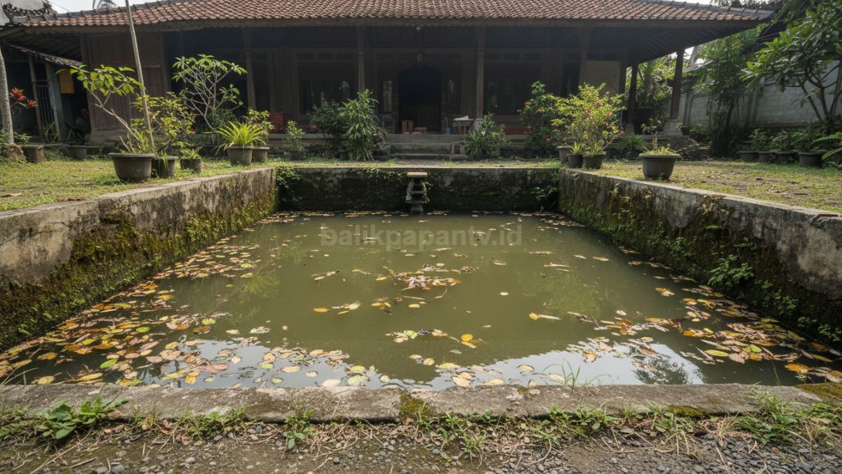 Kolam ikan dengan air keruh, lumut di dinding kolam, dan daun kotor sebagai tanda kurang perawatan