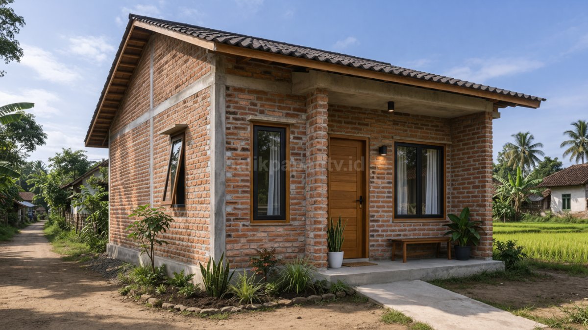 Rumah minimalis dengan dinding bata ekspos tanpa plester di desa.
