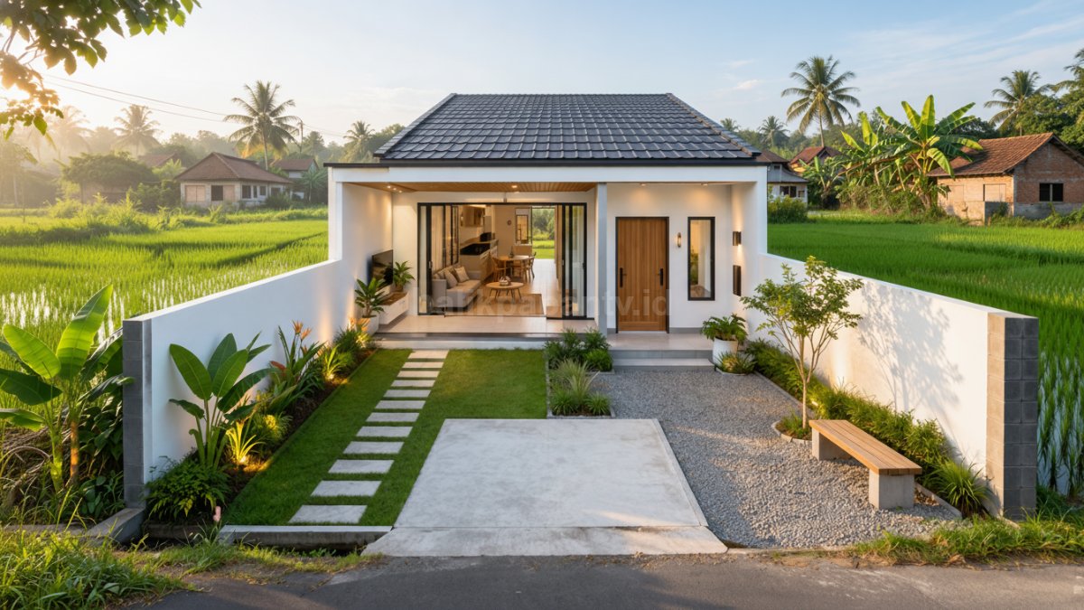 Rumah minimalis tipe memanjang satu lantai di desa.