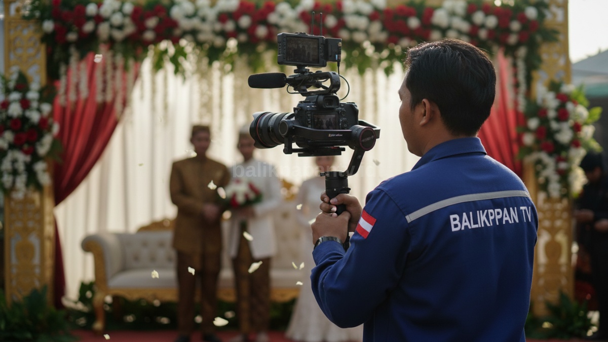 Videografer mengatur framing dan komposisi di venue outdoor