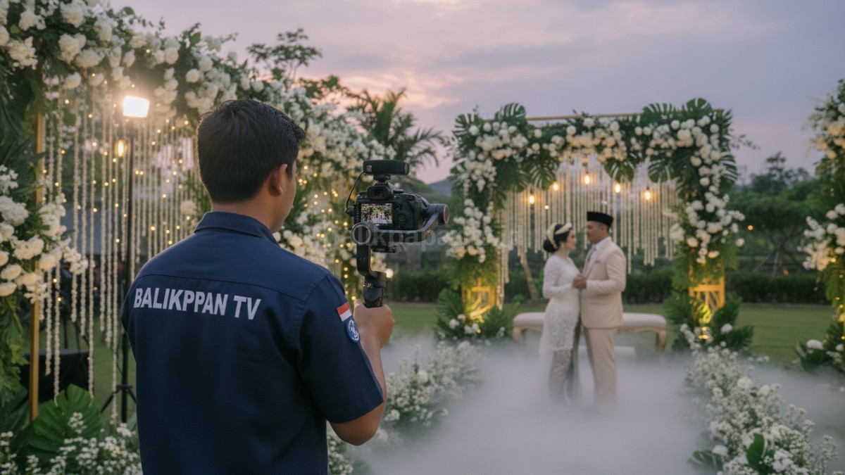 Pengantin berpose di venue dengan dramatis, menampilkan kesan megah cinematic