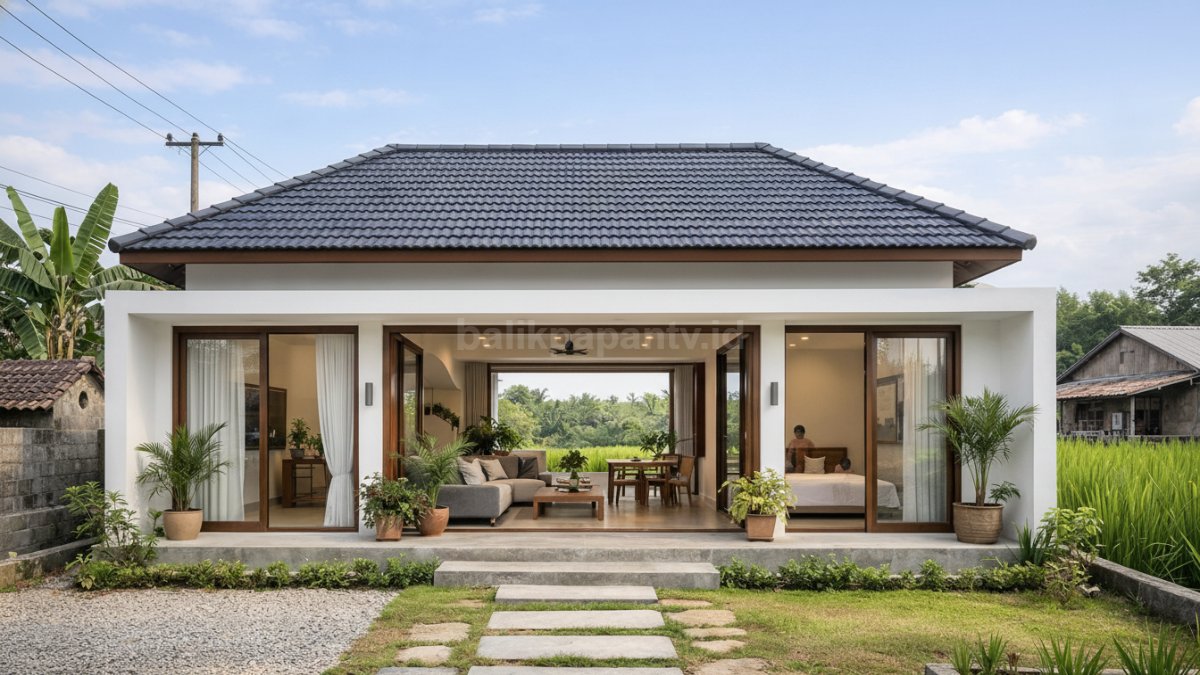 Rumah minimalis atap pelana klasik dengan bukaan lebar di desa.