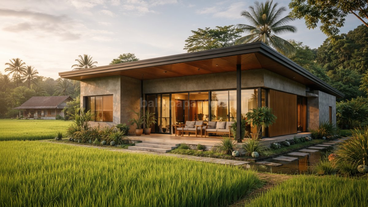 Rumah minimalis kombinasi beton dan kayu di desa.