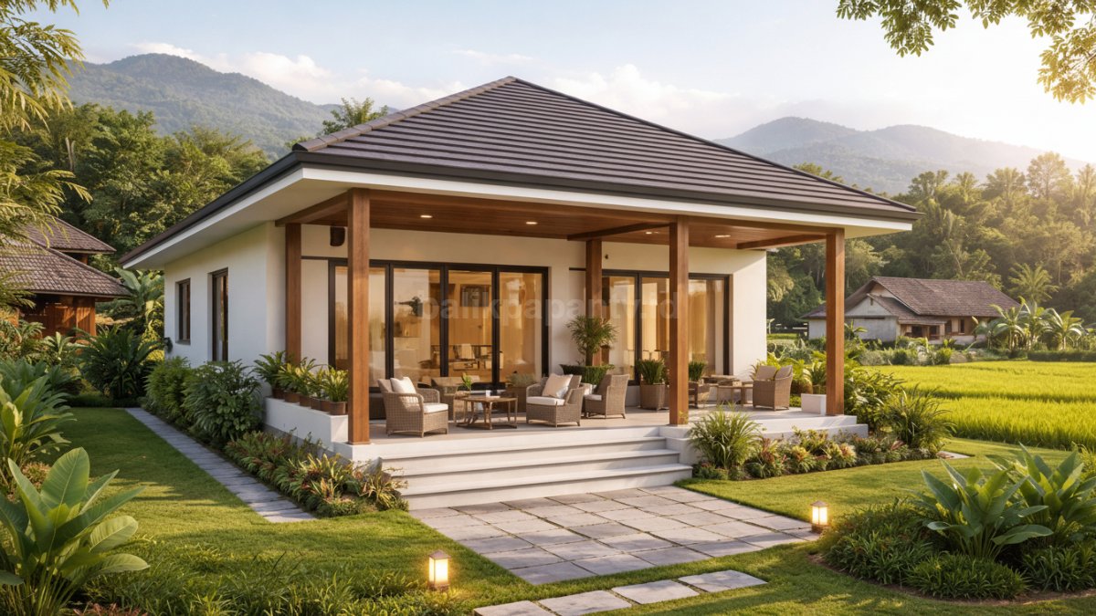 Rumah minimalis dengan teras luas di desa.
