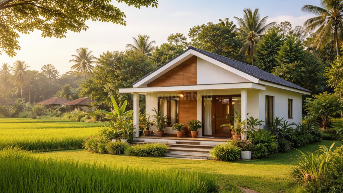 Rumah minimalis sederhana di desa dengan taman hijau dan pencahayaan alami, cocok untuk hidup hemat dan sehat.