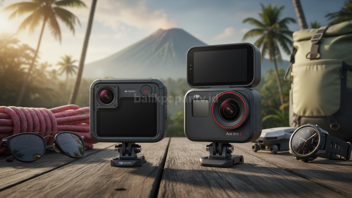 Perbandingan dua kamera aksi DJI Action 6 dan Insta360 Ace Pro 2 dengan desain berbeda, cocok untuk vlogging dan aktivitas outdoor modern