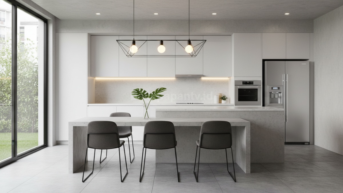 Ruang makan modern dengan meja minimalis yang menyatu dengan dapur