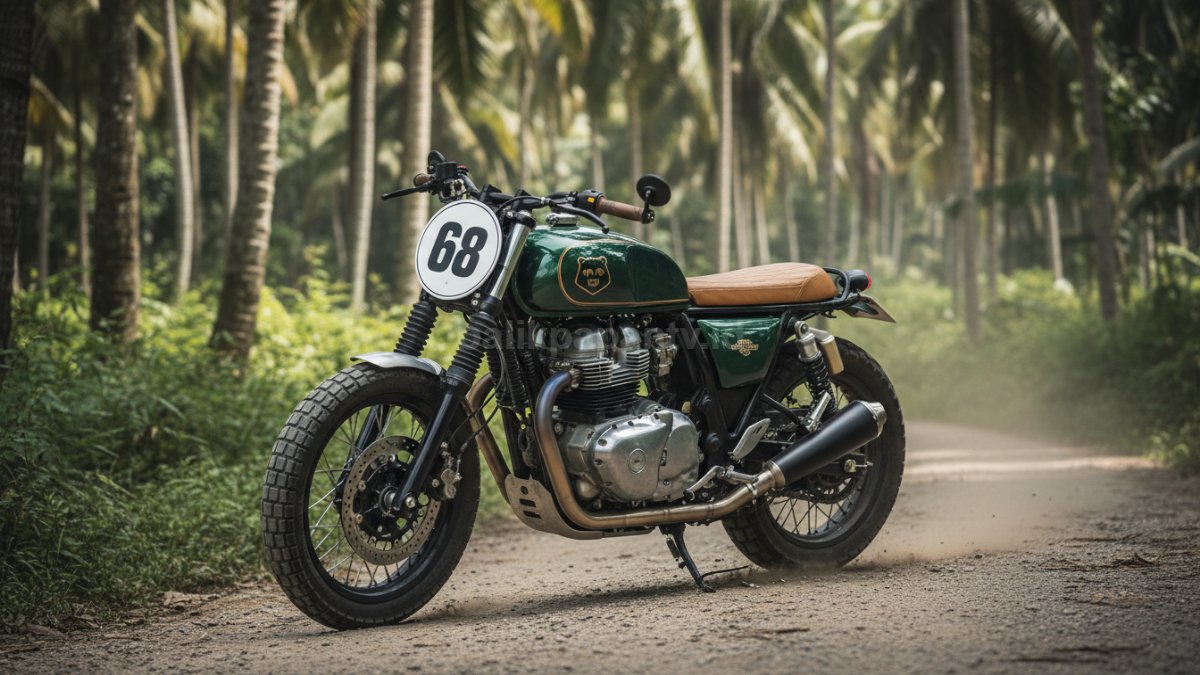 Tampilan Royal Enfield Bear 650 dengan detail nomor start dan desain khas scrambler modern
