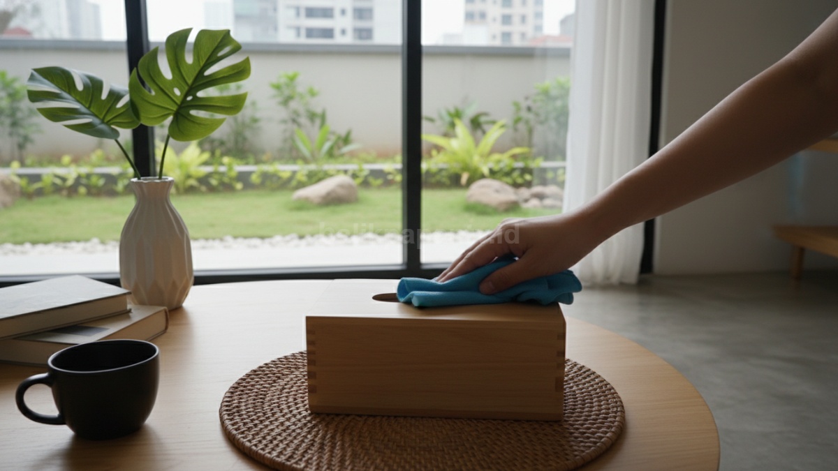 Kotak tisu di meja ruang tamu dibersihkan dengan lap microfiber, tampak sederhana tapi penting untuk menjaga kebersihan rumah. 