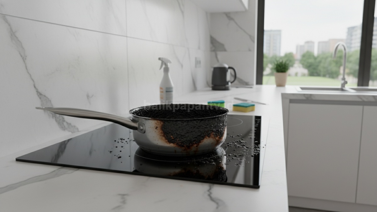 Panci gosong di dapur rumah dengan noda hitam tebal, jadi masalah umum yang perlu solusi cepat dan efektif 