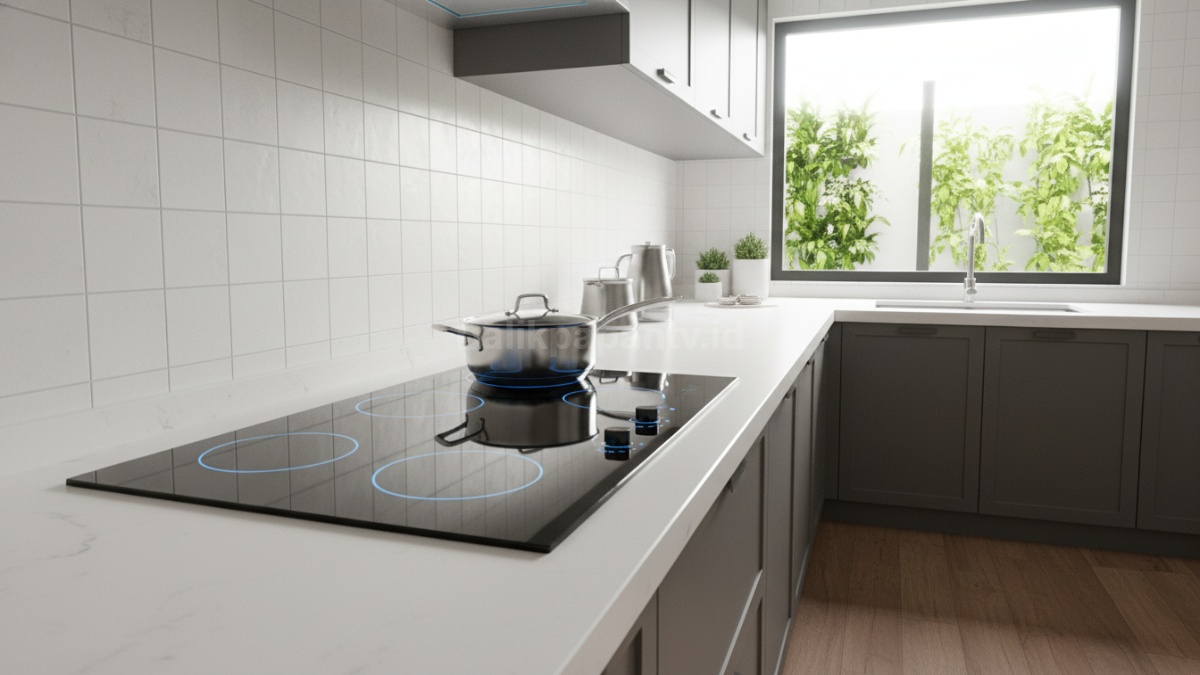 Kompor listrik bersih mengilap di dapur modern, solusi praktis menjaga kebersihan dan keamanan memasak 