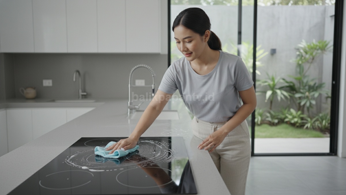 Proses membersihkan kompor listrik dengan kain microfiber 