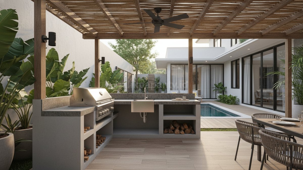 Area dapur outdoor dengan pemanggang built-in modern, siap jadi tempat kumpul santai keluarga
