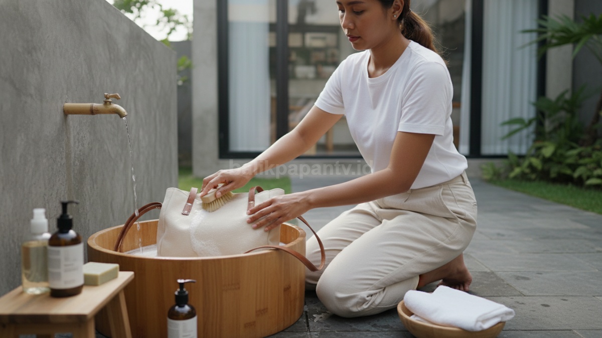 Proses mencuci tas kanvas dengan tangan secara lembut 