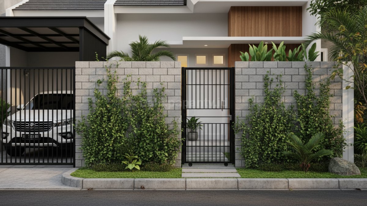 Variasi desain pagar hebel kombinasi besi dan tanaman