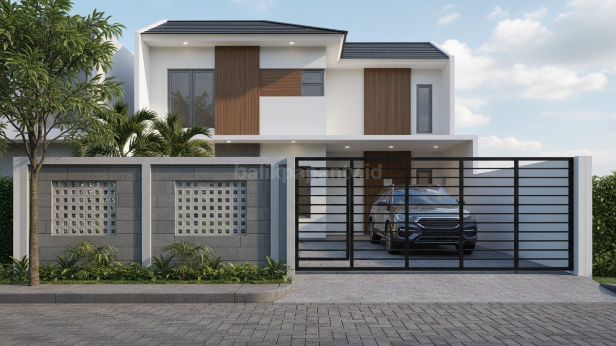 Pagar hebel minimalis pada teras rumah modern dengan finishing halus dan warna netral