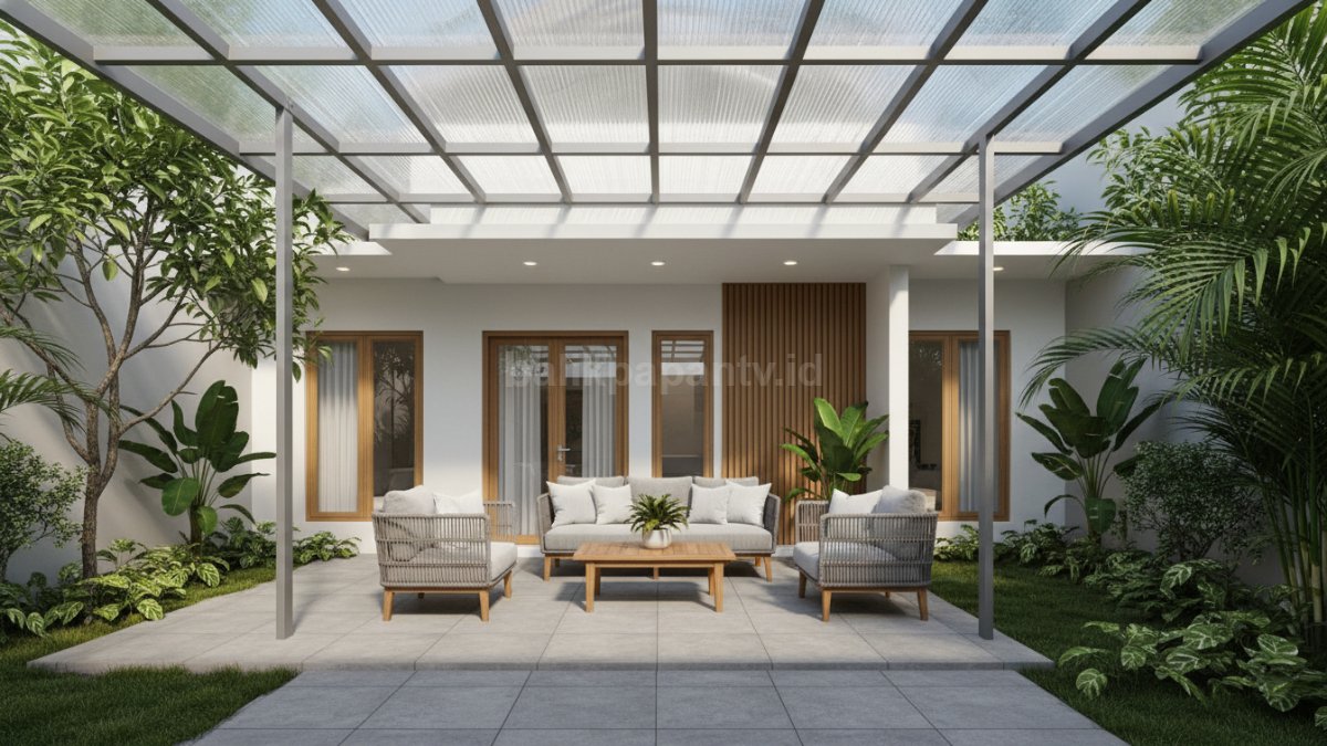 Teras rumah modern dengan atap transparan yang memancarkan cahaya alami terang