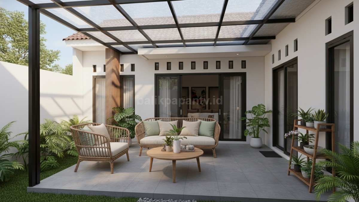 Teras kecil dengan atap polycarbonate yang membuat ruang terlihat luas