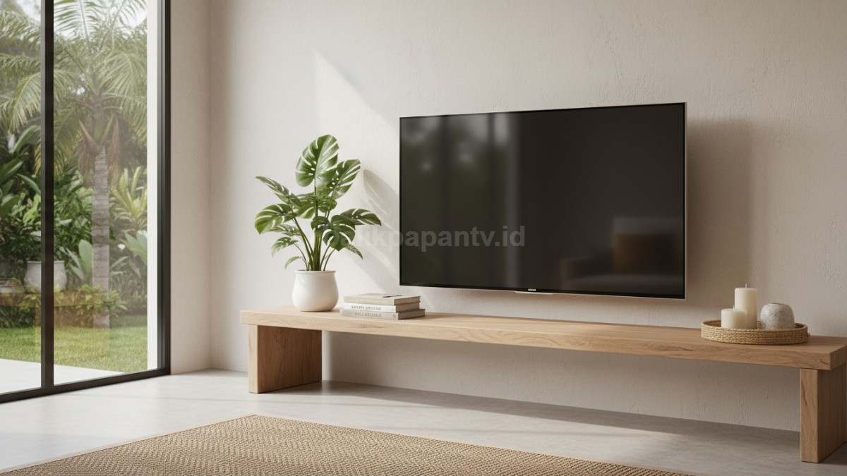 Meja TV minimalis modern dengan dekorasi sederhana, tampil rapi dan nyaman dilihat 
