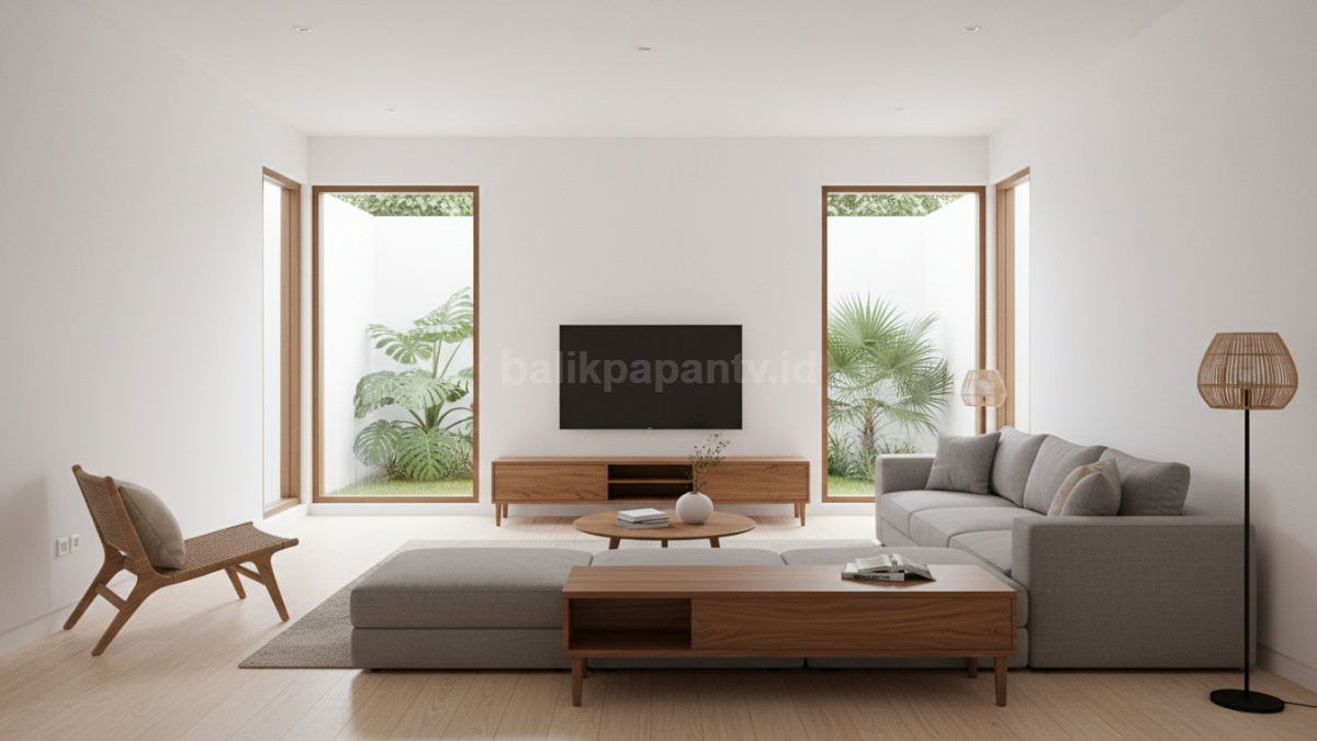 Penempatan meja TV sejajar sofa dengan posisi ergonomis yang tepat 