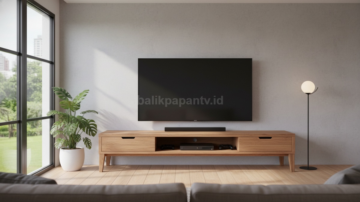 Ilustrasi ukuran ideal meja TV sesuai dimensi televisi 
