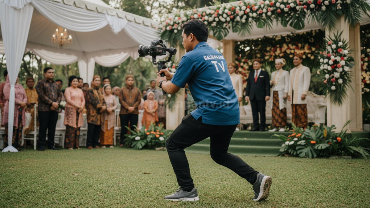 Kameramen sedang beraksi. Perangkat gimbal digunakan untuk stabilisasi video wedding modern
