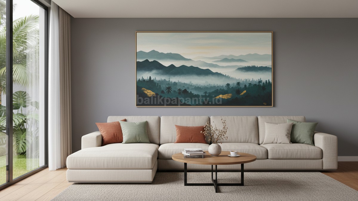 Ilustrasi ukuran ideal lukisan di atas sofa 