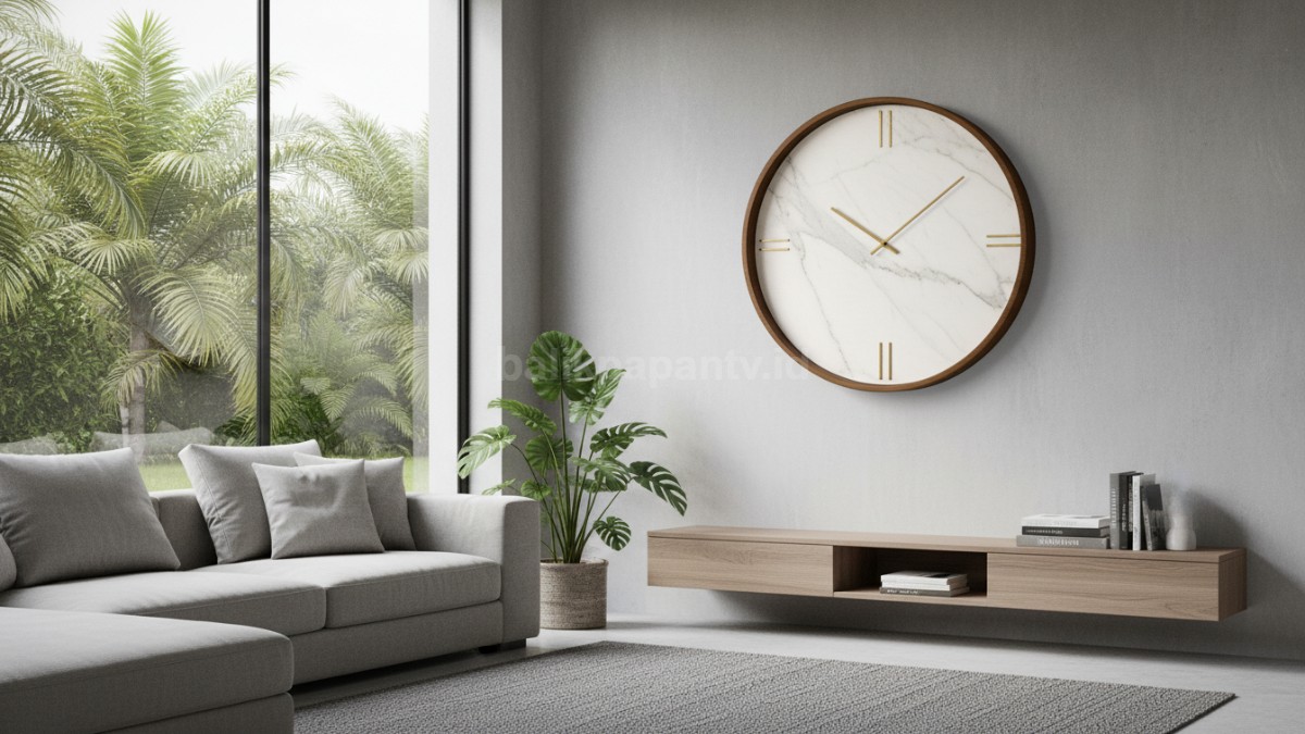 Jam dinding minimalis modern di ruang tamu dengan desain simpel yang langsung mencuri perhatian