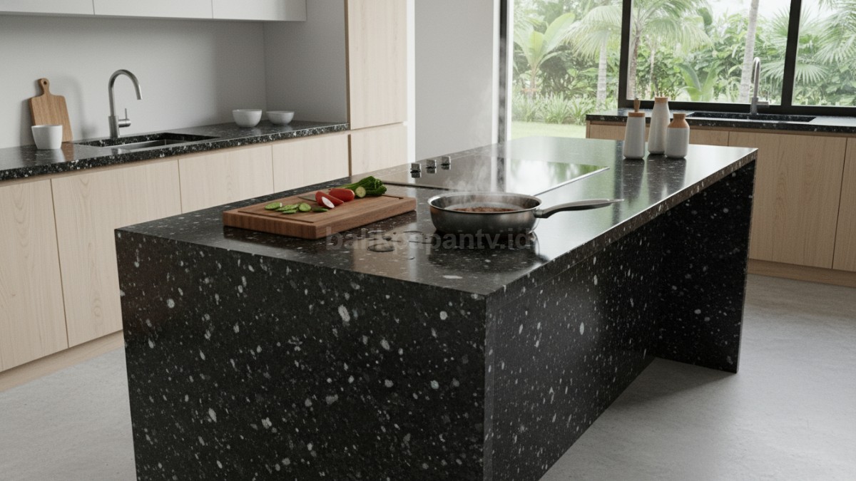 Granit dapur hitam minimalis memberi kesan mewah.