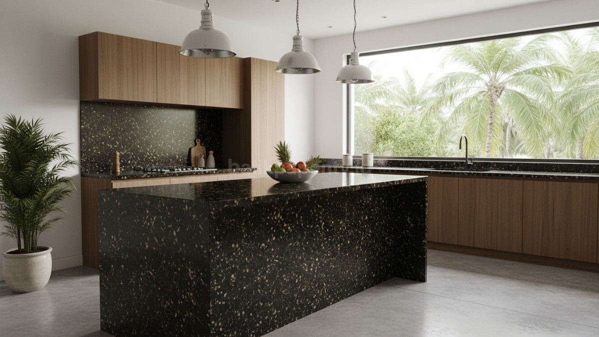 Granit Black Gold  Elegan banget, dengan kilau spek emas yang membuat dapur terasa premium