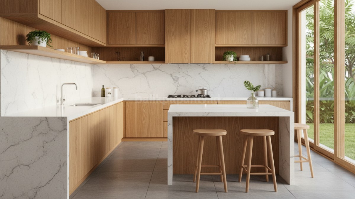 Granit Star White Kombinasi putih dan motif lembut, cocok dipadukan dengan aksen kayu