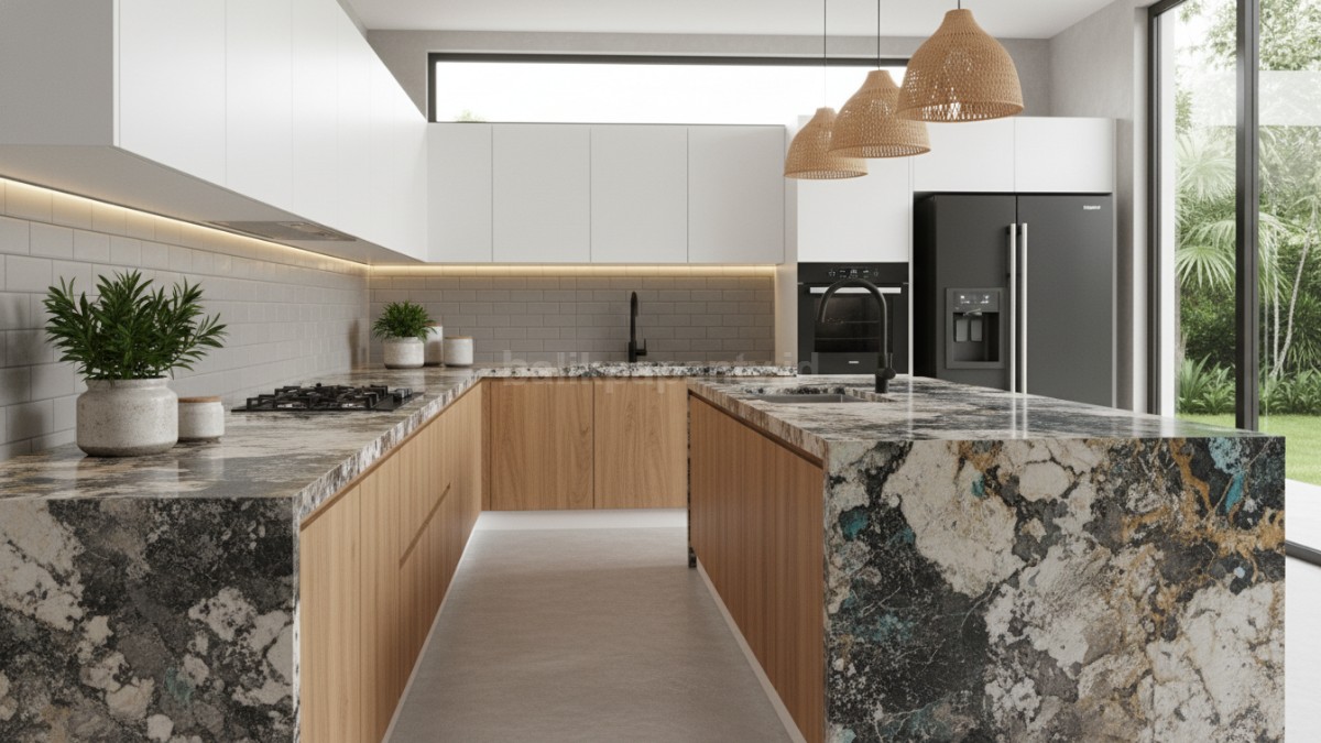 Granit Natural Corak Warna Variasi corak warna beragam memberi karakter kuat pada dapur minimalis.