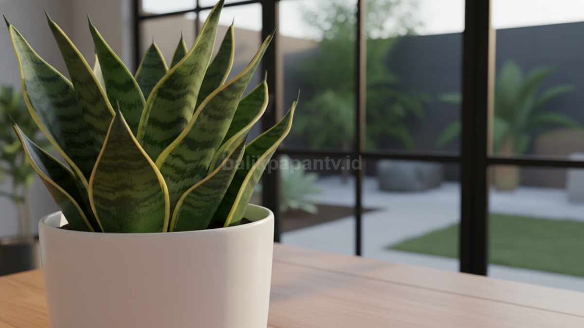 Close-up daun lidah mertua tebal sebagai contoh adaptasi tanaman terhadap panas