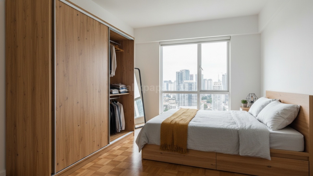 Inspirasi lemari pakaian pintu geser dari papan buat kamar kecil yang efisien dan tetap estetis.